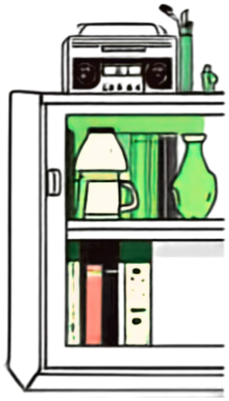 An open metal cabinet with a radio, thermos, vase and files